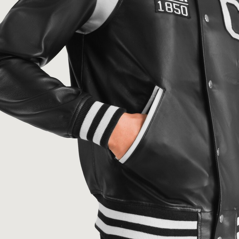 Mens Liberte California Black Leather Varsity Jacket Close-Up-9-1704192938692